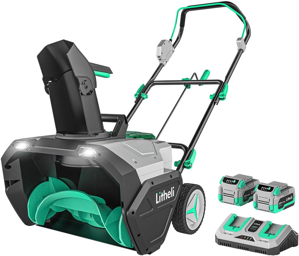 Litheli 2x20V Battery Powered Cordless Snow Blower, 20'' Brushless Electric Snow Thrower with Wheels, LED Lights, 180° Chute, Powerful Snow Removal Kit with 4.0Ah Battery and Fast Charger